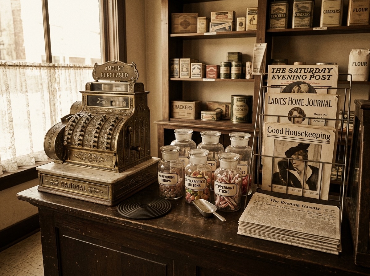 A 1920s corner-store checkout counter